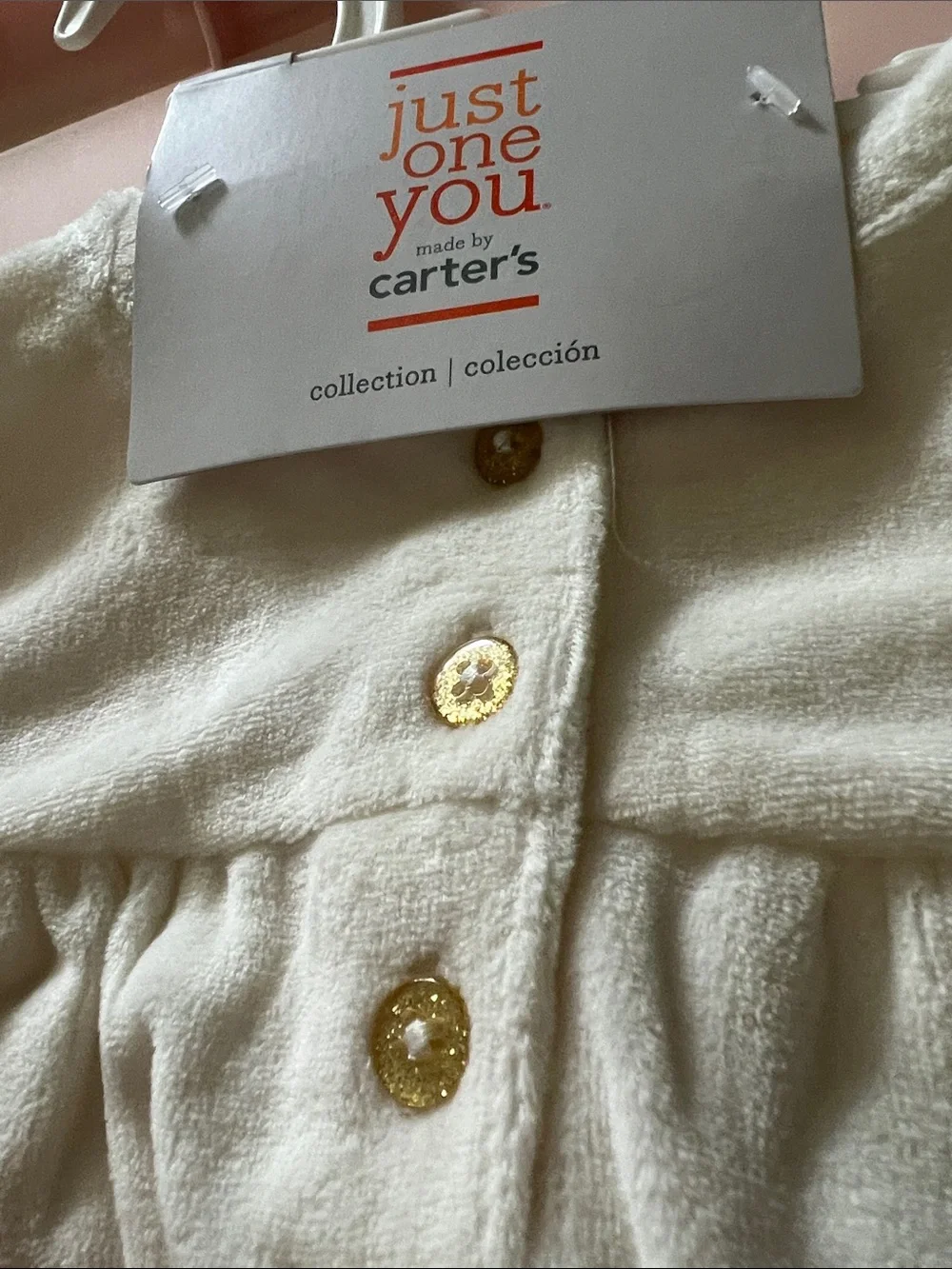 Carter's Cream Plush Tunic with Gold Accent Buttons pant and headband set